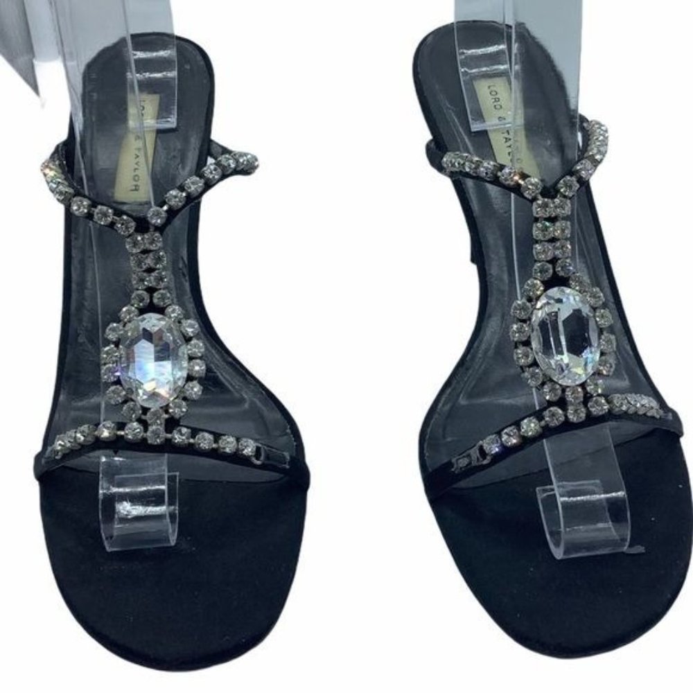 Lord & Taylor‎ Gem Rhinestone Heeled Sandals Women Size 9 Black Leather 4 Inch